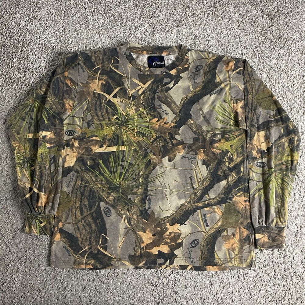 Vintage Wohali Outdoors Forest Camo Print T-shirt Size XL Hunting Fishing
